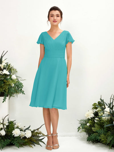 Carlyna Betty A-Line Turquoise Bridesmaid Dress Knee-Length Short Sleeve V-Neck Dress Front View #color_turquoise
