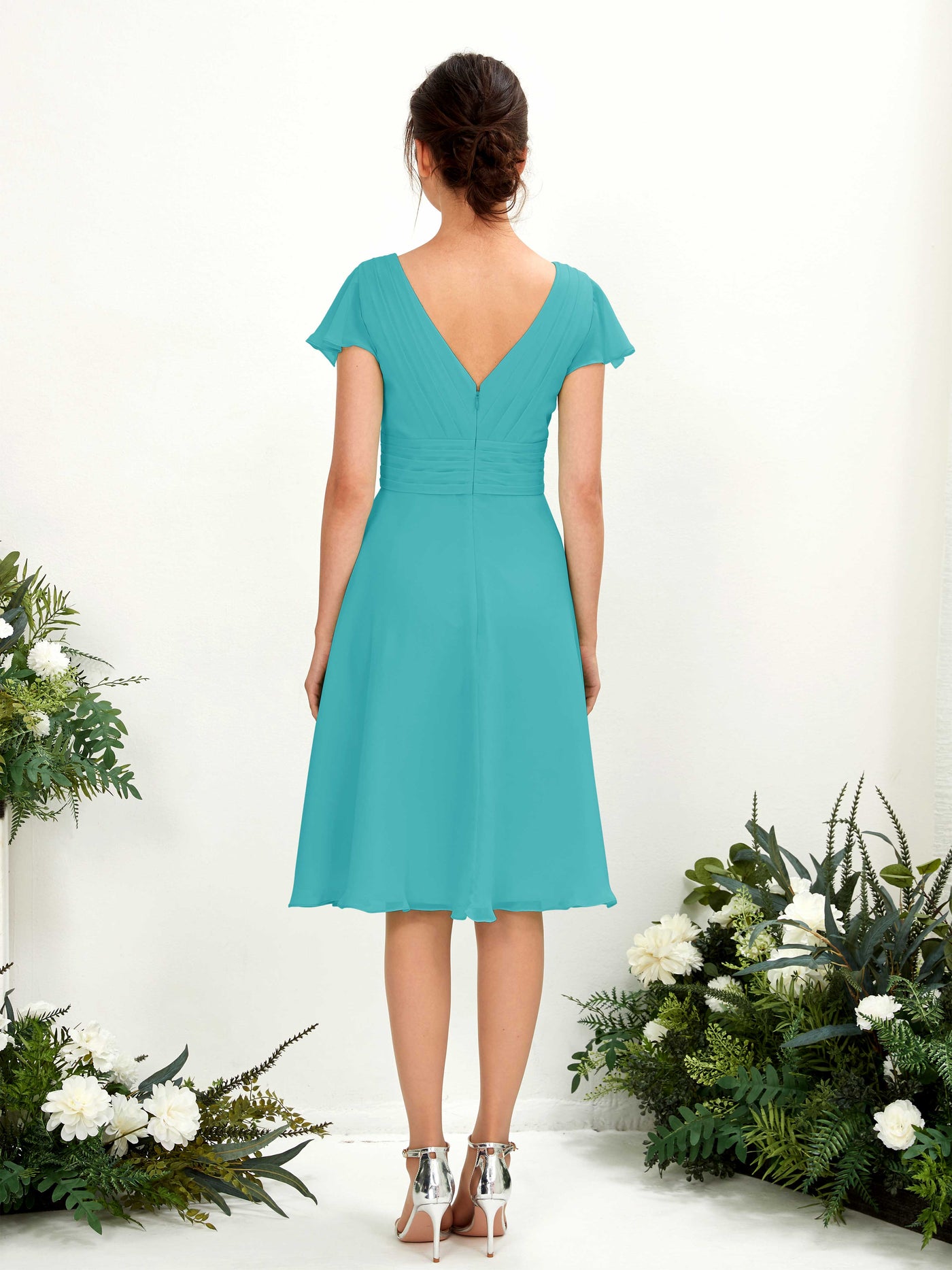 V-neck Short Sleeves Chiffon Bridesmaid Dress - Turquoise (81220223)#color_turquoise