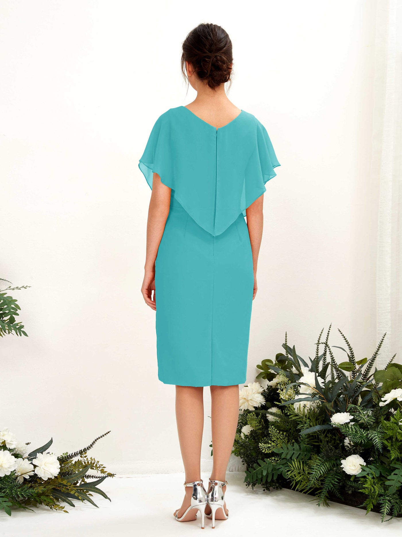 V-neck Short Sleeves Chiffon Bridesmaid Dress - Turquoise (81222223)#color_turquoise