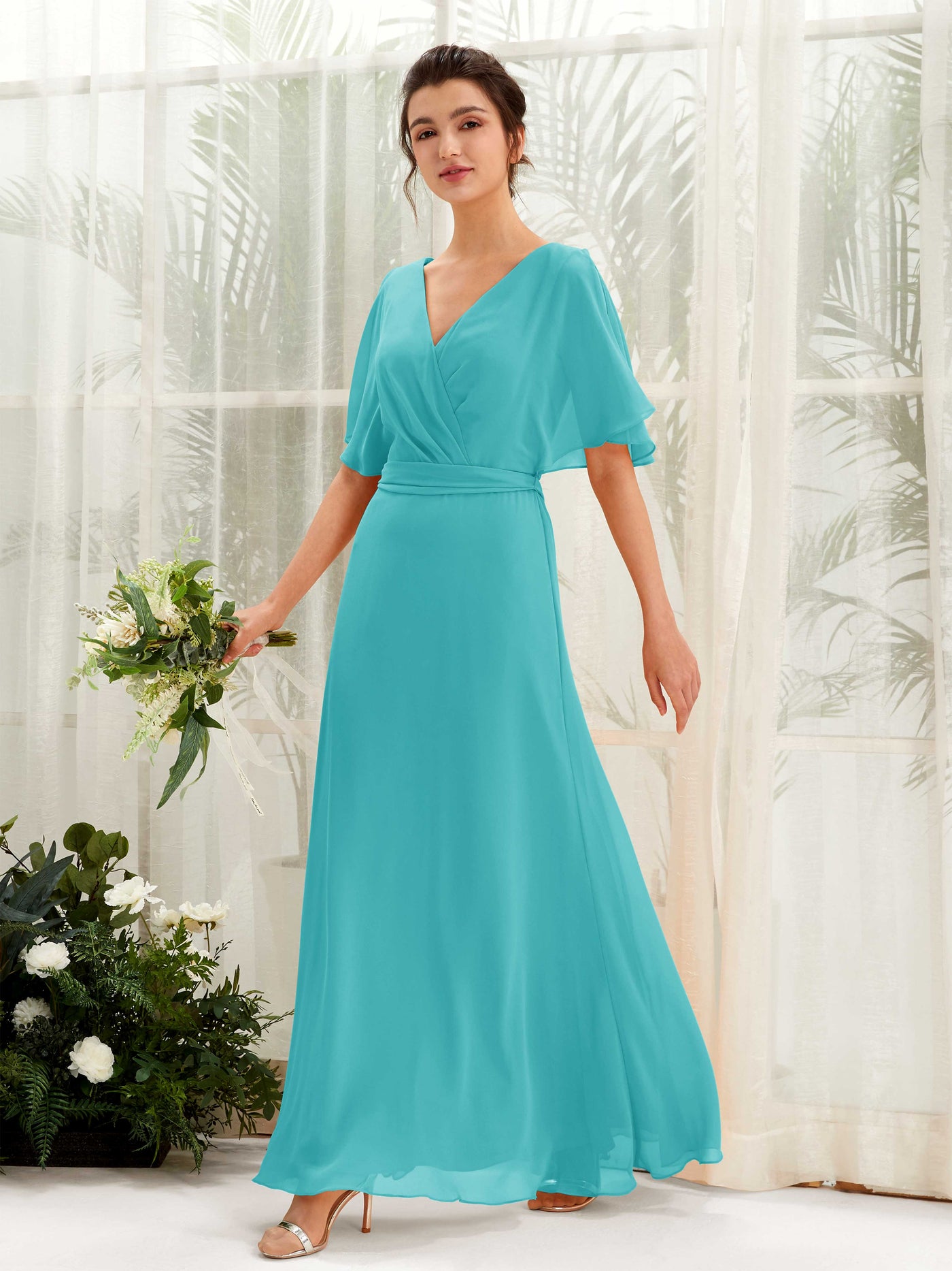 V-neck Short Sleeves Chiffon Bridesmaid Dress - Turquoise (81222423)#color_turquoise