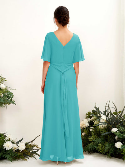 Carlyna Merta A-Line Turquoise Bridesmaid Dress Maxi Short Sleeve V-Neck Dress #color_turquoise