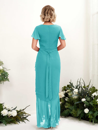 Carlyna Eartha Mermaid Turquoise Bridesmaid Dress Maxi Cap Sleeve V-Neck Dress Back View #color_turquoise