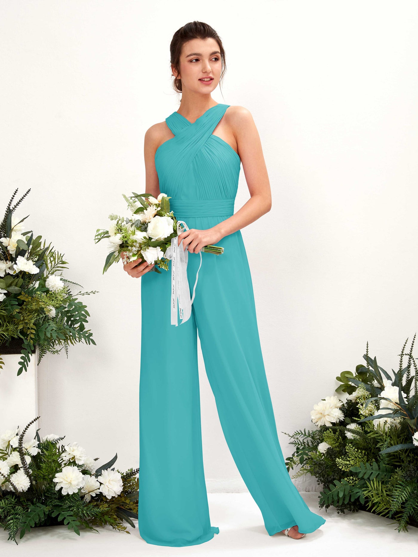 V-neck Sleeveless Chiffon Bridesmaid Dress Wide-Leg Jumpsuit - Turquoise (81220723)#color_turquoise