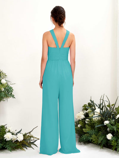 Carlyna Hilona Jumpsuit Turquoise Bridesmaid Dress Maxi Sleeveless V-Neck Dress Back View #color_turquoise