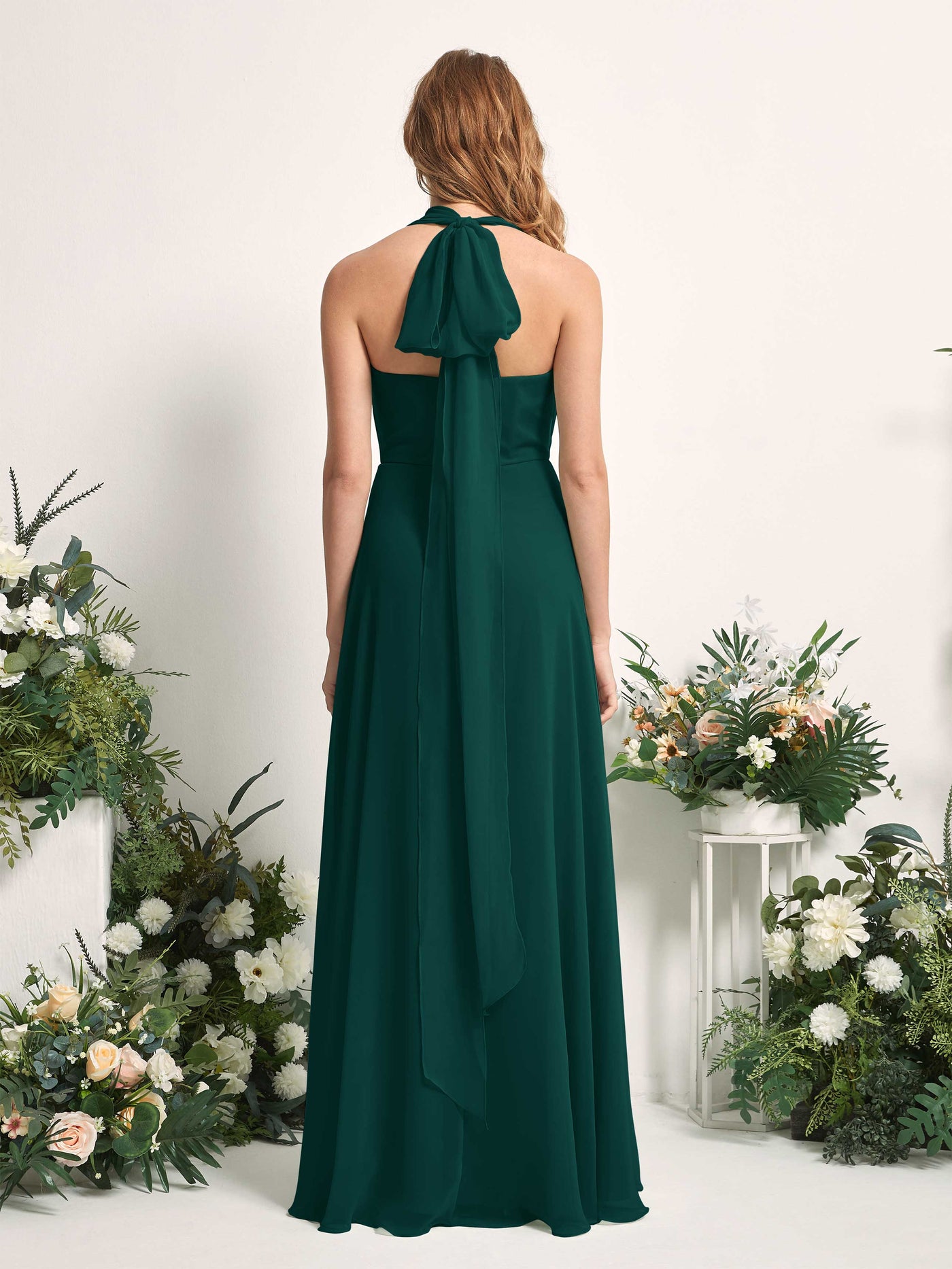 Bridesmaid Dress A-line Chiffon Halter Full Length Short Sleeves Wedding Party Dress - Dark Emerald (81226317)#color_dark-emerald