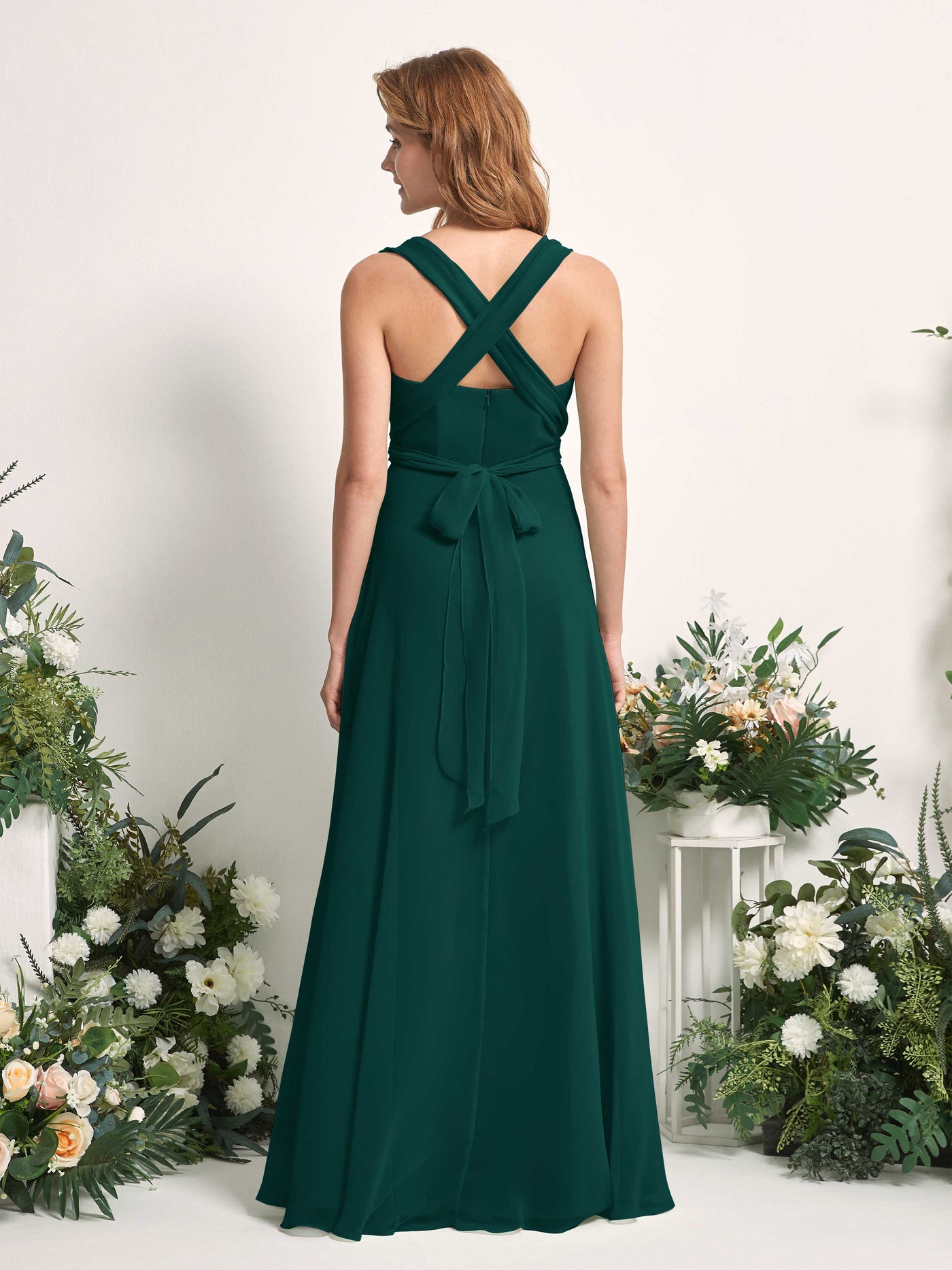 Bridesmaid Dress A-line Chiffon Halter Full Length Short Sleeves Wedding Party Dress - Dark Emerald (81226317)#color_dark-emerald
