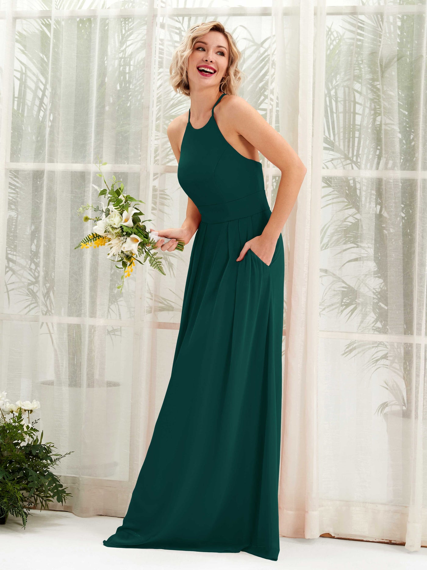 A-line Ball Gown Halter Spaghetti-straps Sleeveless Bridesmaid Dress - Dark Emerald (81225217)#color_dark-emerald