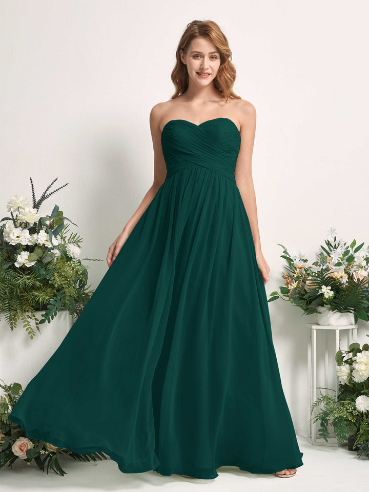 Bridesmaid Dress A-line Chiffon Sweetheart Full Length Sleeveless Wedding Party Dress - Dark Emerald (81226917)