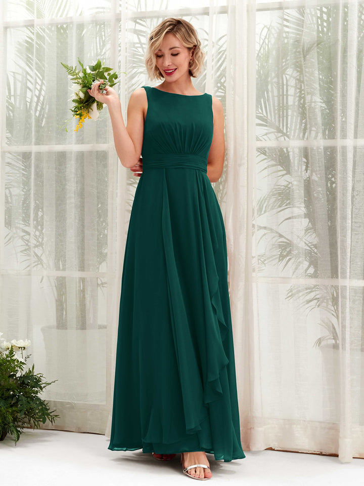 A-line Bateau Sleeveless Chiffon Bridesmaid Dress - Dark Emerald (81225817)