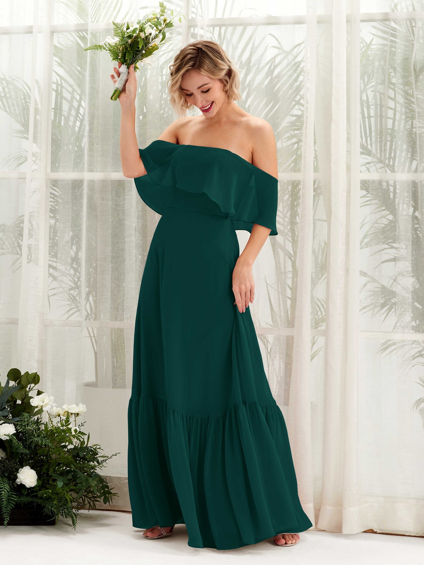 A-line Off Shoulder Chiffon Bridesmaid Dress - Dark Emerald (81224517)#color_dark-emerald