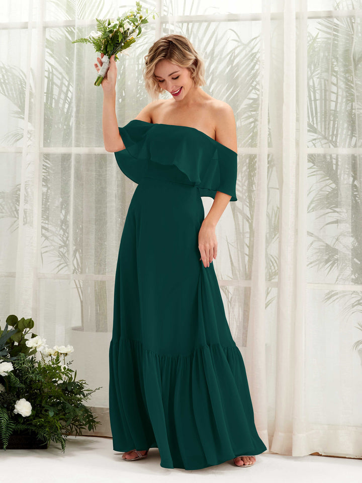 A-line Off Shoulder Chiffon Bridesmaid Dress - Dark Emerald (81224517)