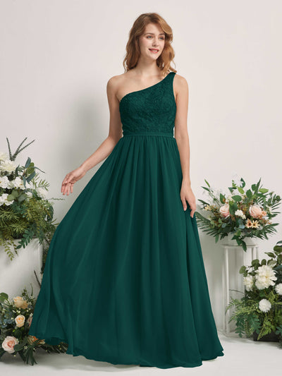Carlyna Bonita A-Line Dark Emerald Embroidered Bridesmaid Dress Maxi Sleeveless One Shoulder Dress Front View #color_dark-emerald