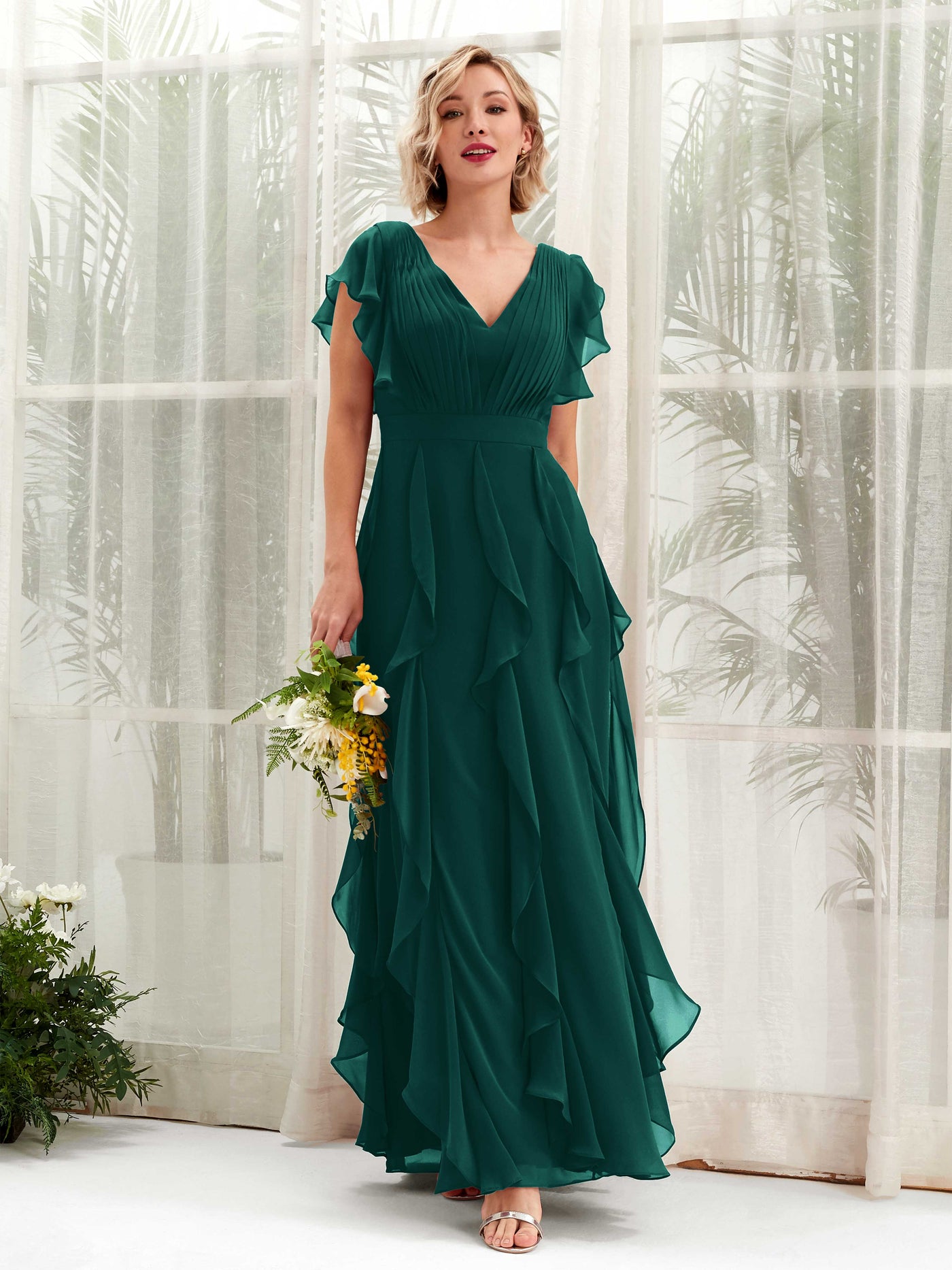 A-line V-neck Short Sleeves Chiffon Bridesmaid Dress - Dark Emerald (81226017)#color_dark-emerald
