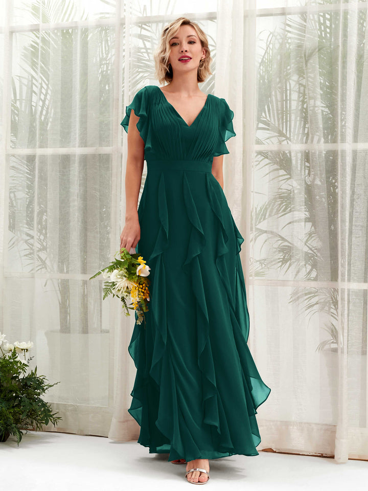 A-line V-neck Short Sleeves Chiffon Bridesmaid Dress - Dark Emerald (81226017)