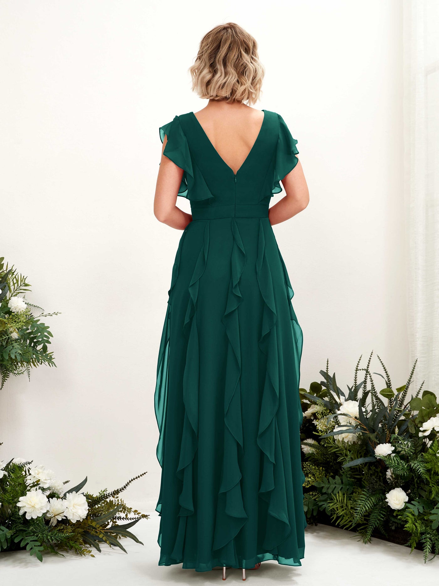 A-line V-neck Short Sleeves Chiffon Bridesmaid Dress - Dark Emerald (81226017)#color_dark-emerald
