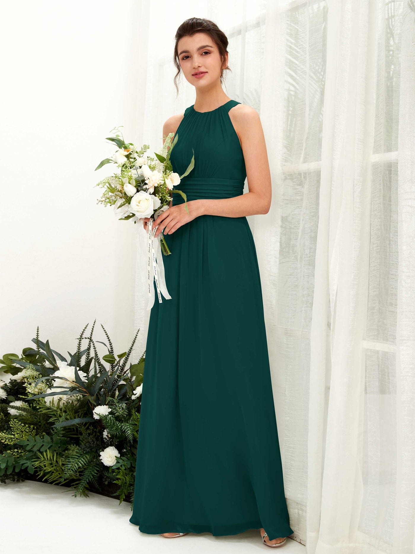 A-line Round Sleeveless Chiffon Bridesmaid Dress - Dark Emerald (81221517)#color_dark-emerald
