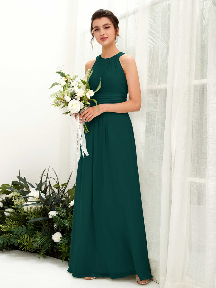 A-line Round Sleeveless Chiffon Bridesmaid Dress - Dark Emerald (81221517)