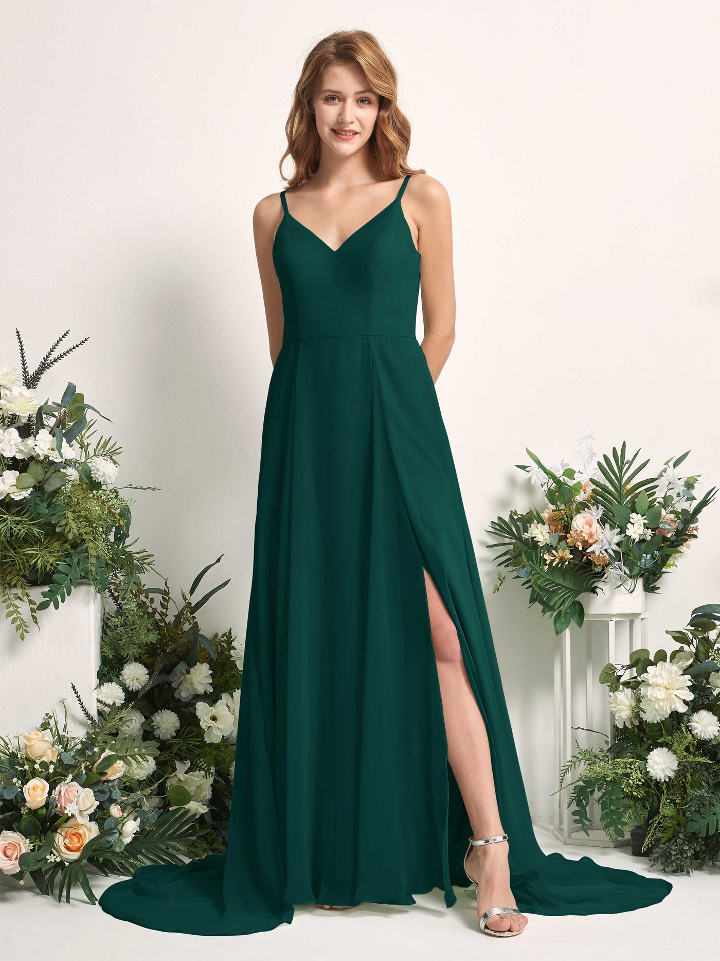 Bridesmaid Dress A-line Chiffon Spaghetti-straps Full Length Sleeveless Wedding Party Dress - Dark Emerald (81227717)#color_dark-emerald