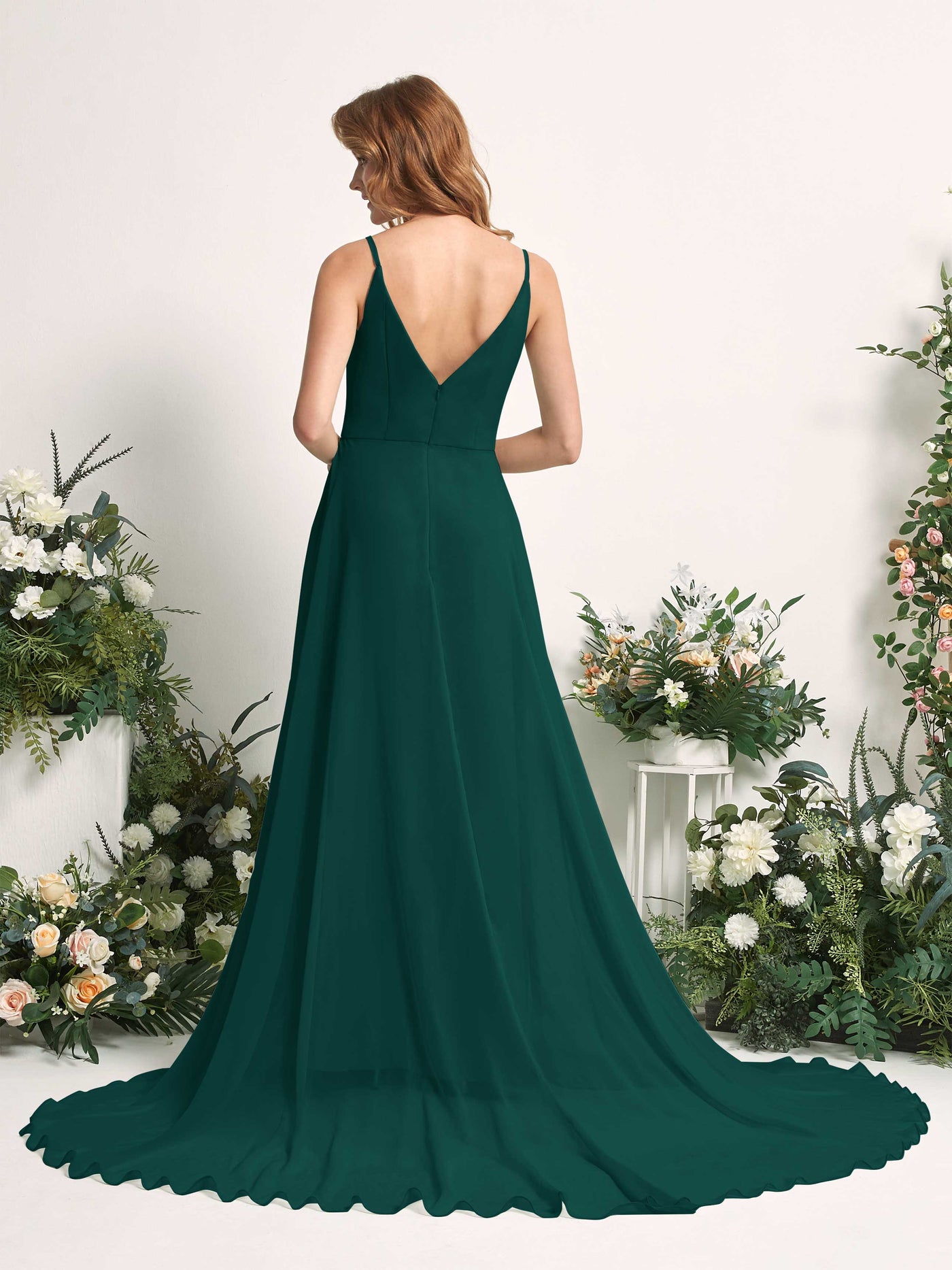Bridesmaid Dress A-line Chiffon Spaghetti-straps Full Length Sleeveless Wedding Party Dress - Dark Emerald (81227717)#color_dark-emerald