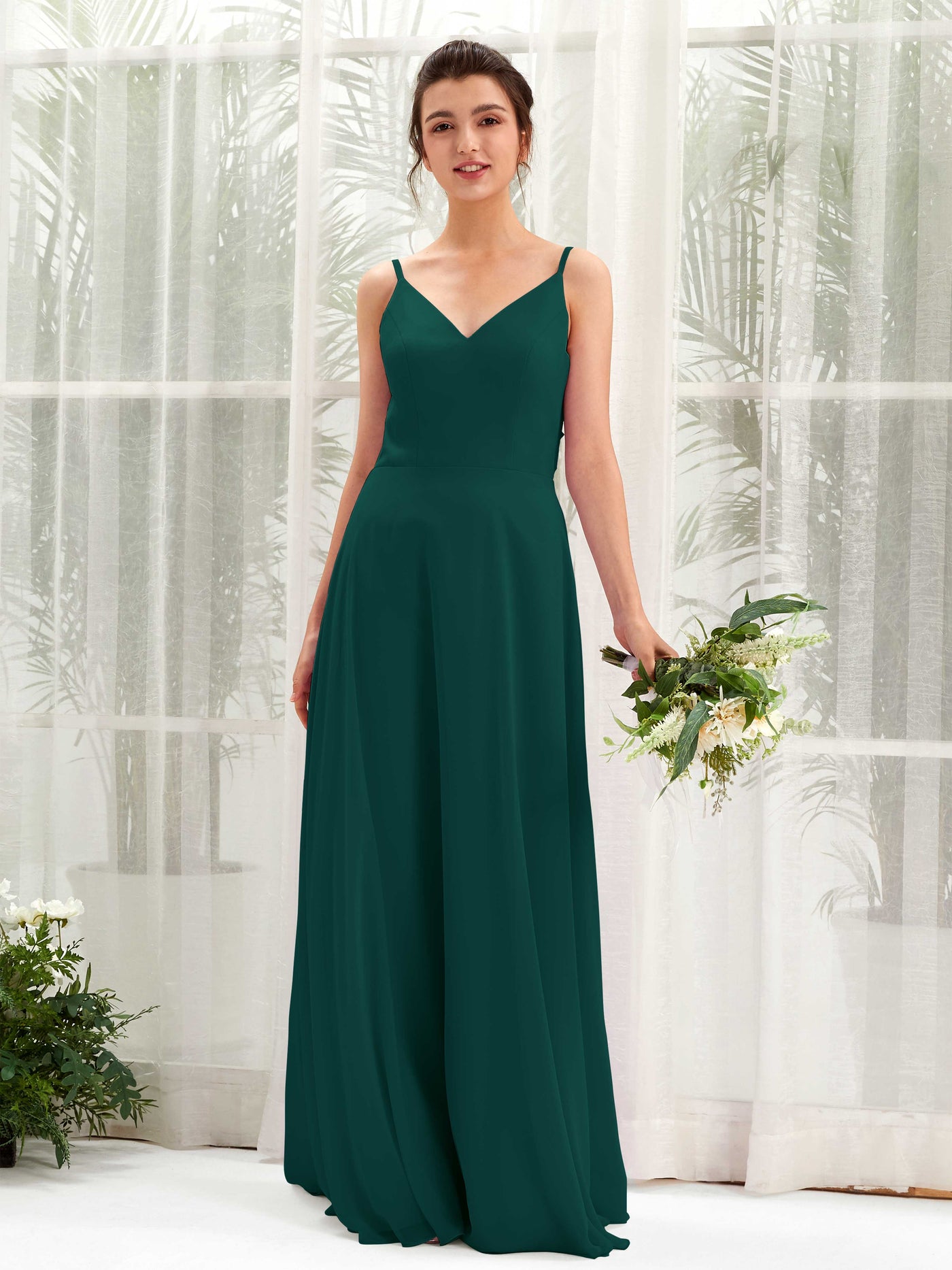 A-line Spaghetti-straps V-neck Sleeveless Chiffon Bridesmaid Dress - Dark Emerald (81220617)#color_dark-emerald