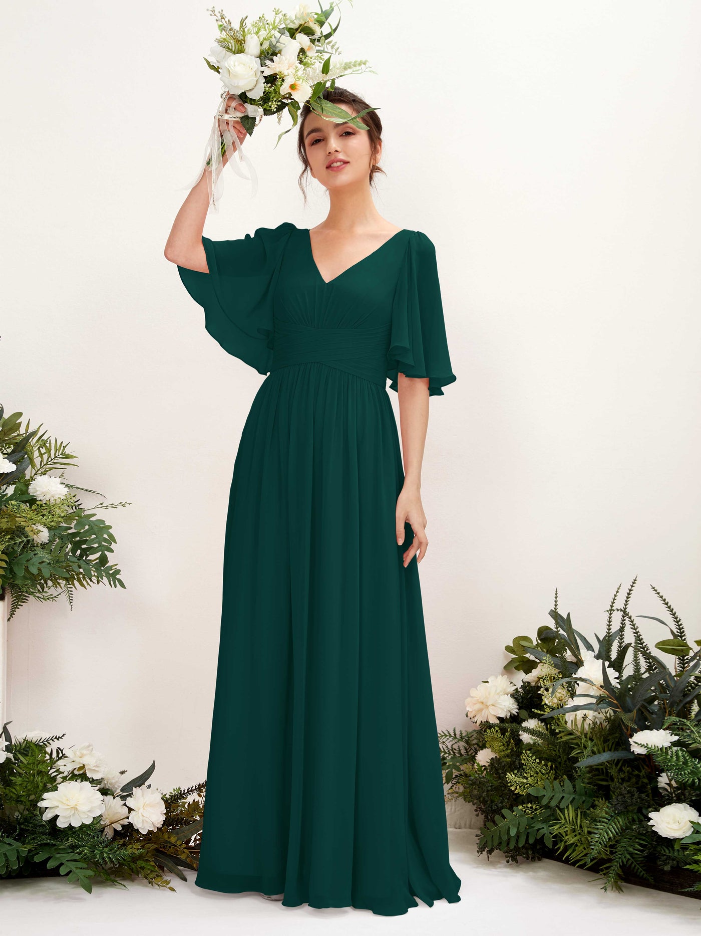 A-line V-neck 1/2 Sleeves Chiffon Bridesmaid Dress - Dark Emerald (81221617)#color_dark-emerald