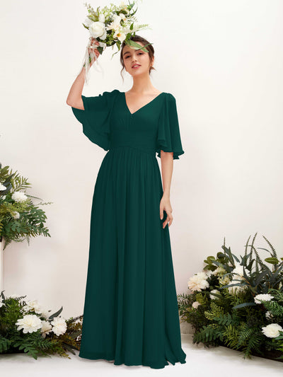 Carlyna Odette A-Line Dark Emerald Bridesmaid Dress Maxi Short Sleeve V-Neck Dress #color_dark-emerald