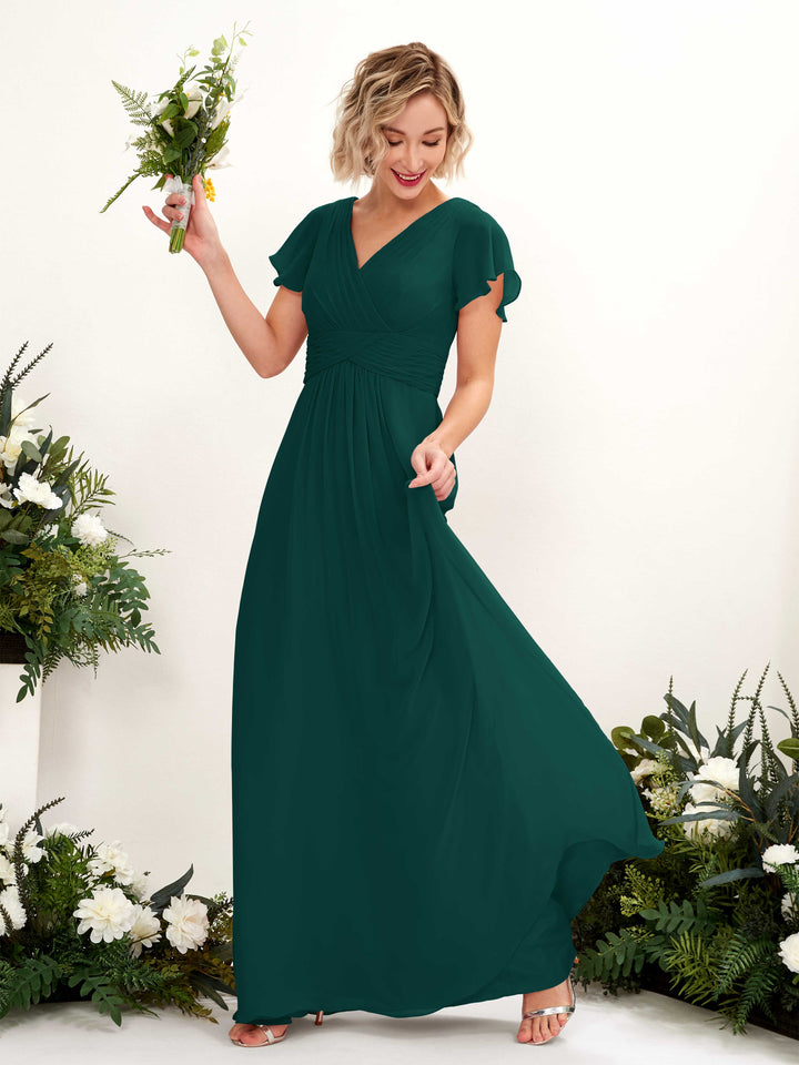 A-line V-neck Cap Sleeves Chiffon Bridesmaid Dress - Dark Emerald (81224317)