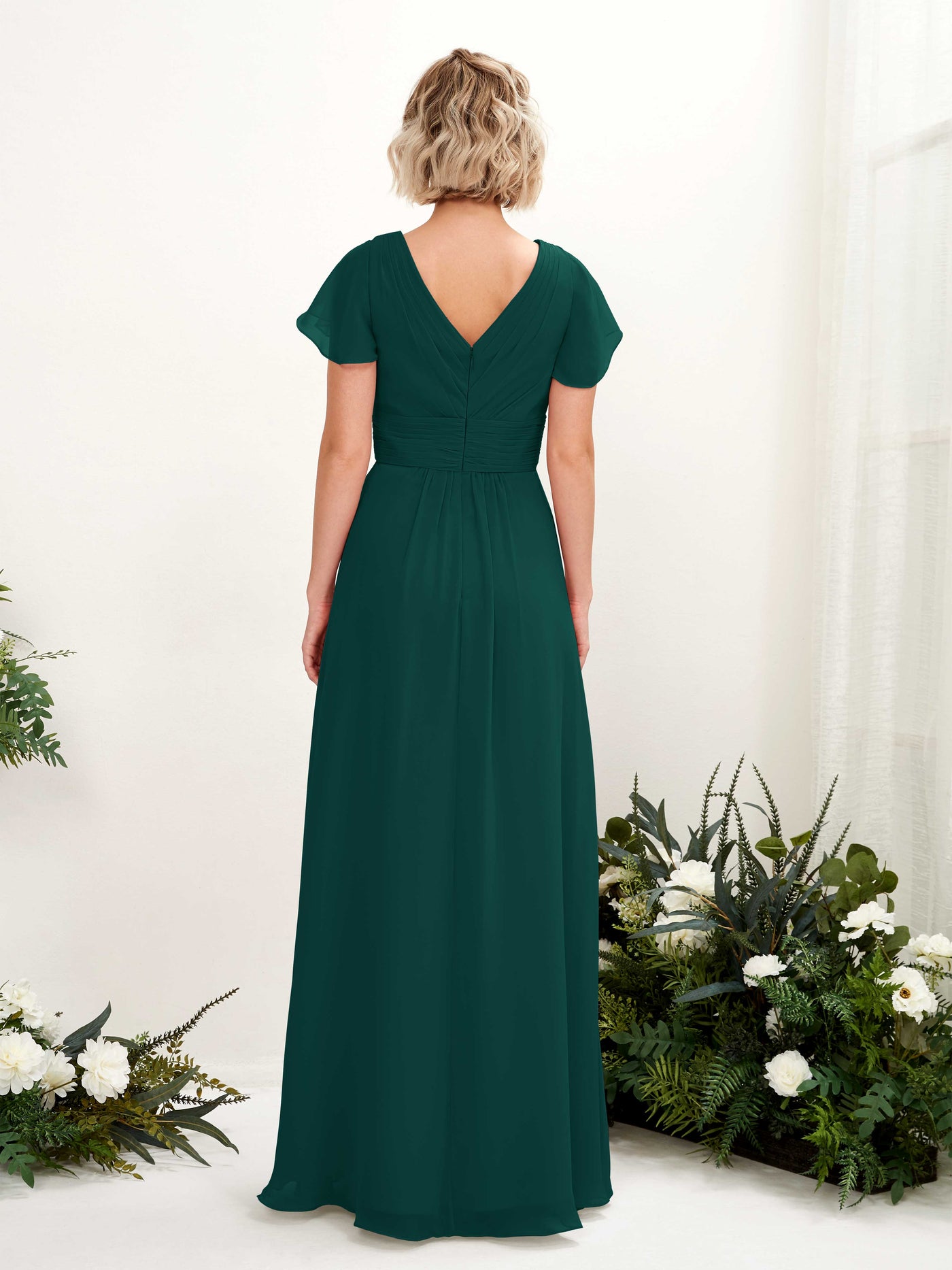 A-line V-neck Cap Sleeves Chiffon Bridesmaid Dress - Dark Emerald (81224317)#color_dark-emerald
