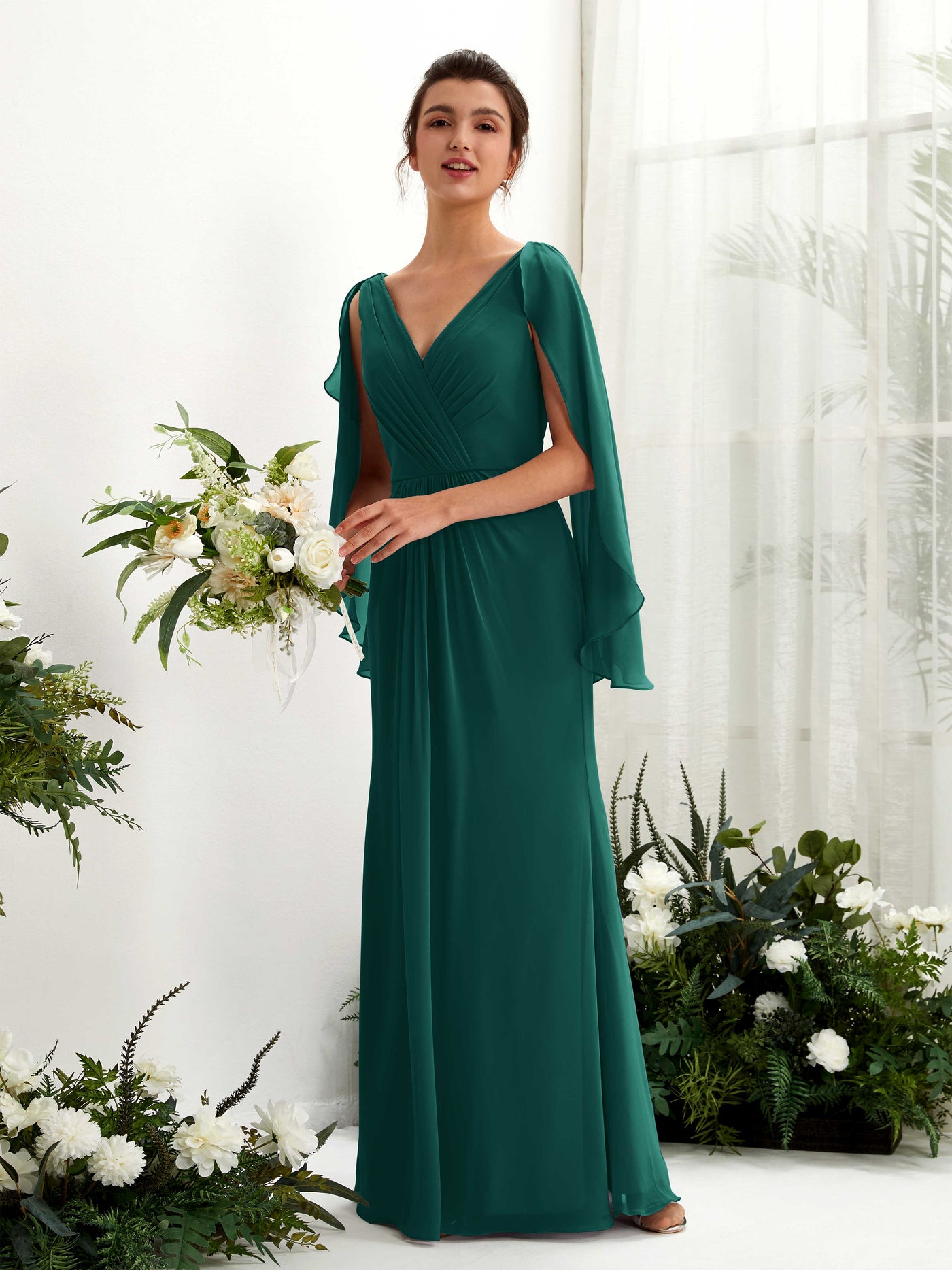 A-line V-neck Chiffon Bridesmaid Dress - Dark Emerald (80220117)#color_dark-emerald