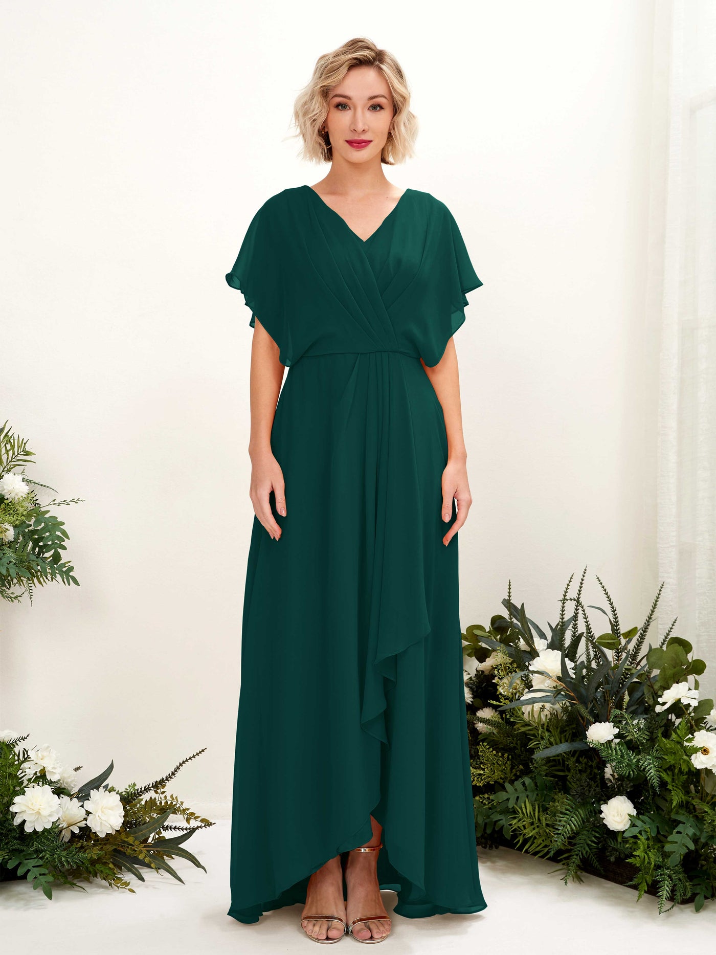 A-line V-neck Short Sleeves Chiffon Bridesmaid Dress - Dark Emerald (81222117)#color_dark-emerald