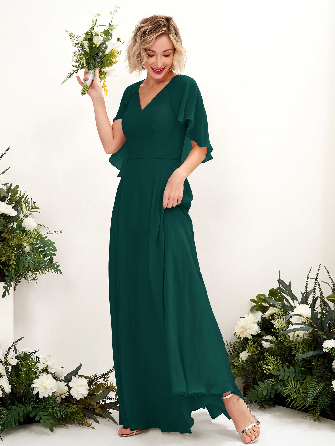 A-line V-neck Short Sleeves Chiffon Bridesmaid Dress - Dark Emerald (81224417)#color_dark-emerald