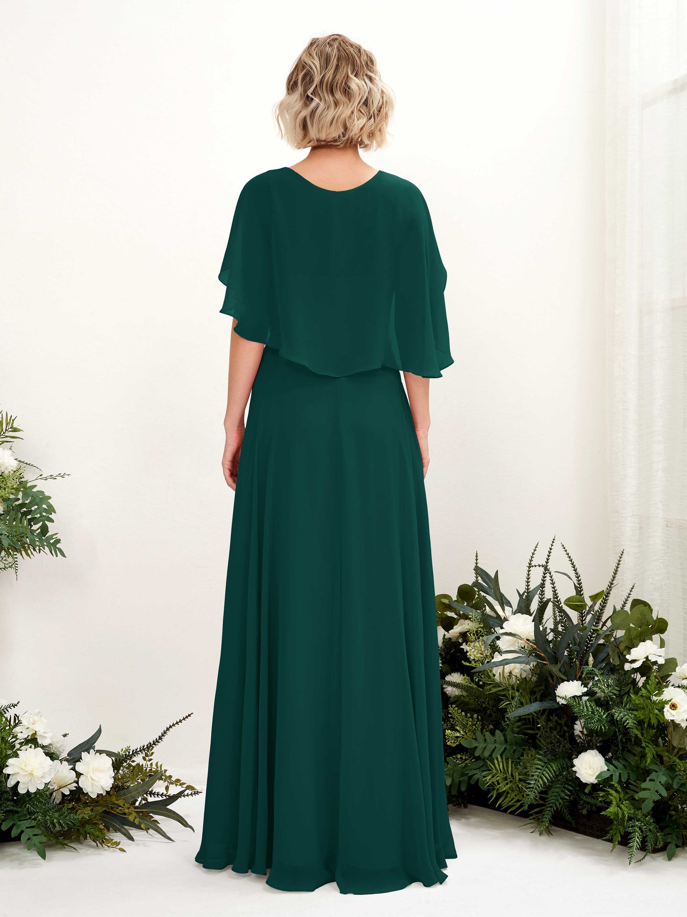 A-line V-neck Short Sleeves Chiffon Bridesmaid Dress - Dark Emerald (81224417)#color_dark-emerald