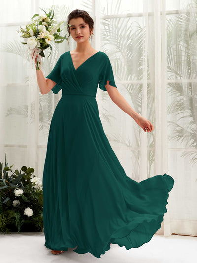 Carlyna Daphne A-Line Dark Emerald Bridesmaid Dress Maxi Short Sleeve V-Neck Dress Front View #color_dark-emerald