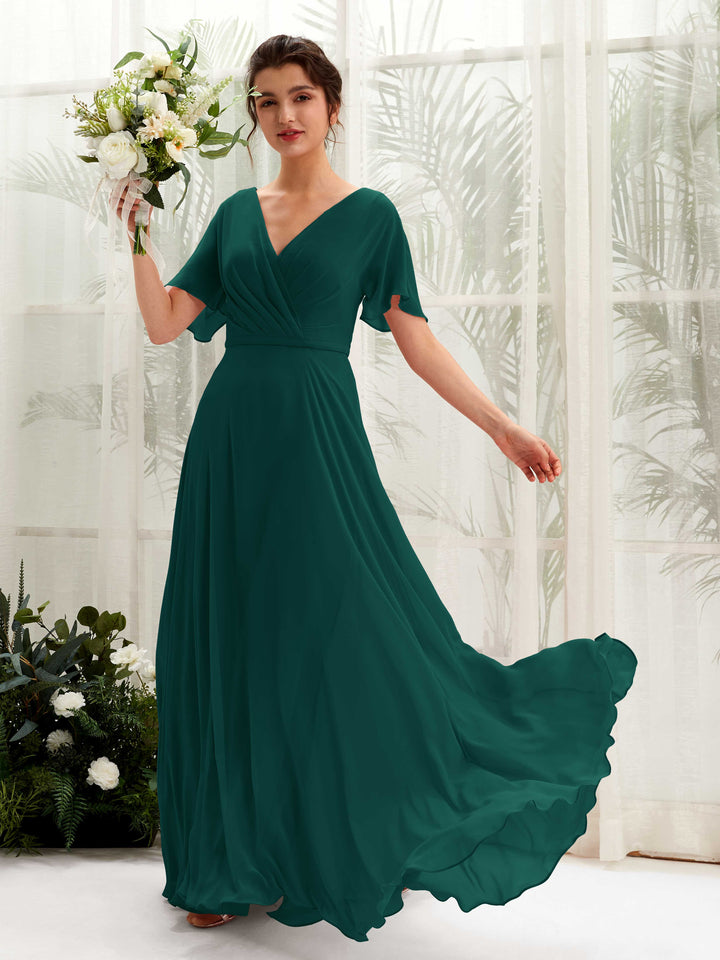 A-line V-neck Short Sleeves Chiffon Bridesmaid Dress - Dark Emerald (81224617)