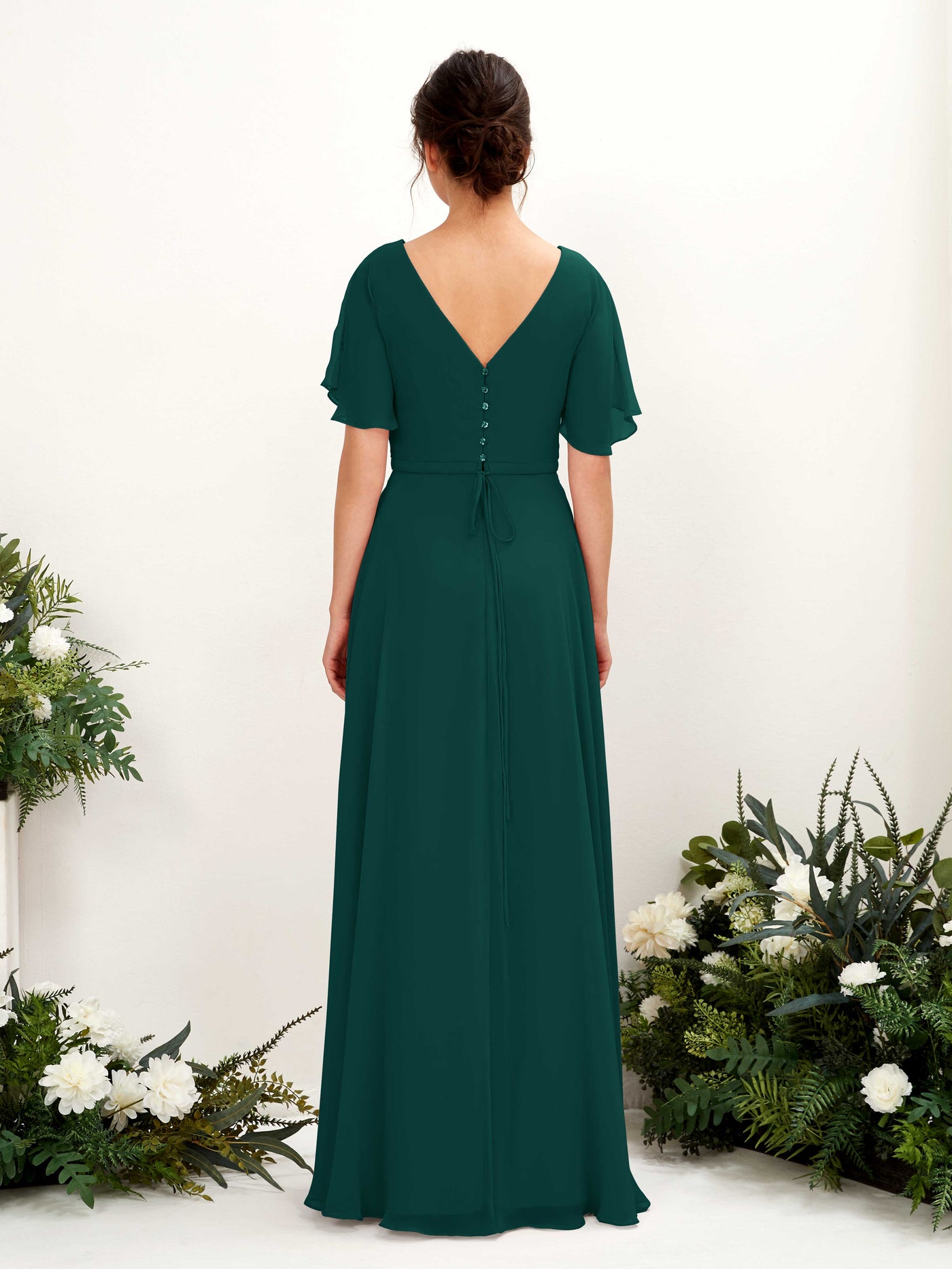 A-line V-neck Short Sleeves Chiffon Bridesmaid Dress - Dark Emerald (81224617)#color_dark-emerald