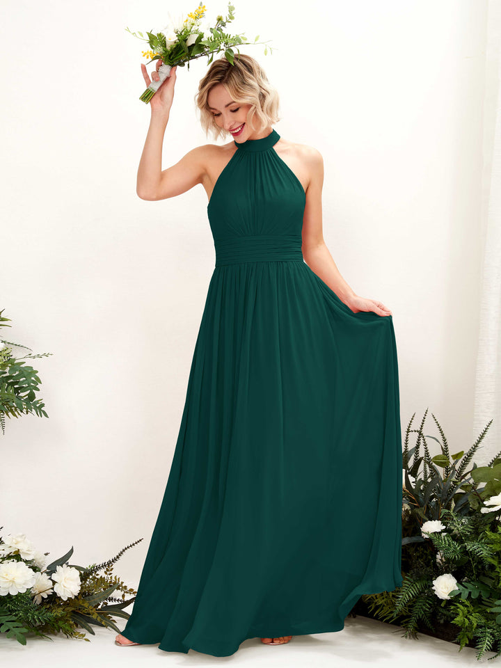 Ball Gown Halter Sleeveless Chiffon Bridesmaid Dress - Dark Emerald (81225317)