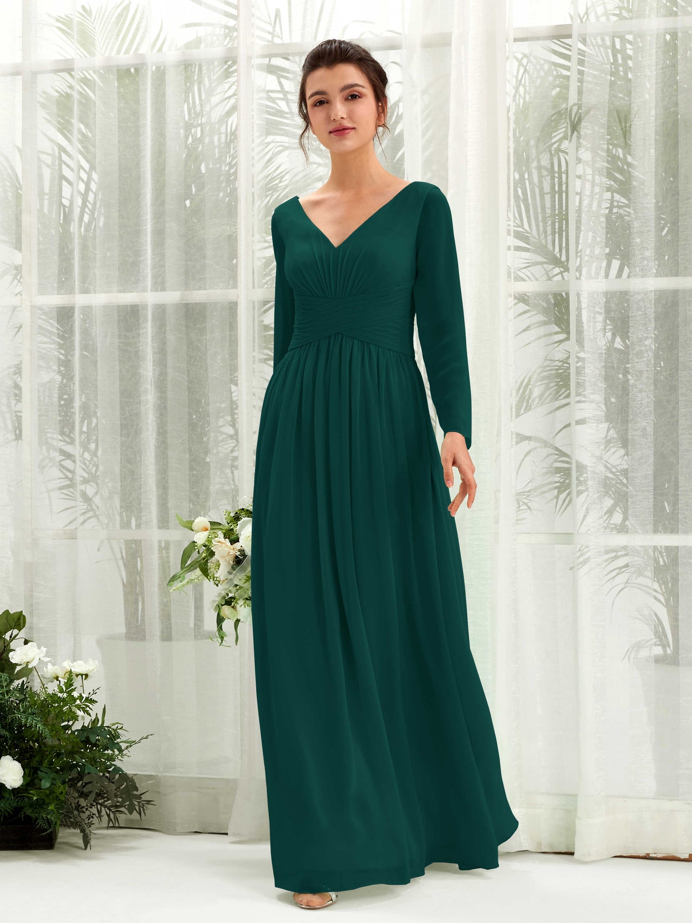 Ball Gown V-neck Long Sleeves Chiffon Bridesmaid Dress - Dark Emerald (81220317)#color_dark-emerald
