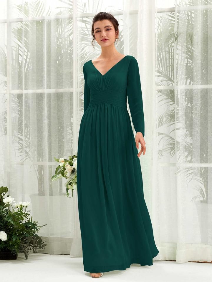 Ball Gown V-neck Long Sleeves Chiffon Bridesmaid Dress - Dark Emerald (81220317)