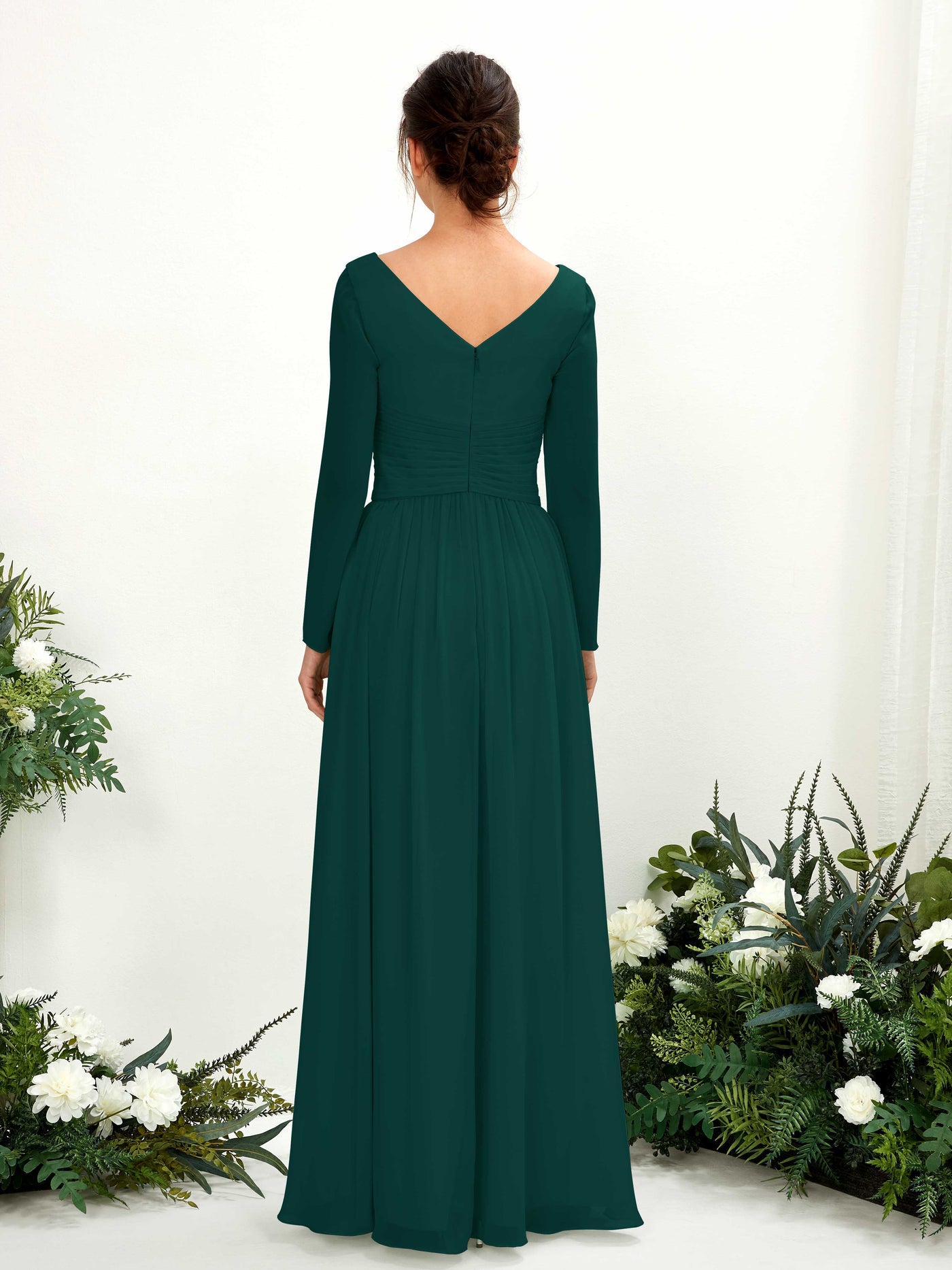 Ball Gown V-neck Long Sleeves Chiffon Bridesmaid Dress - Dark Emerald (81220317)#color_dark-emerald