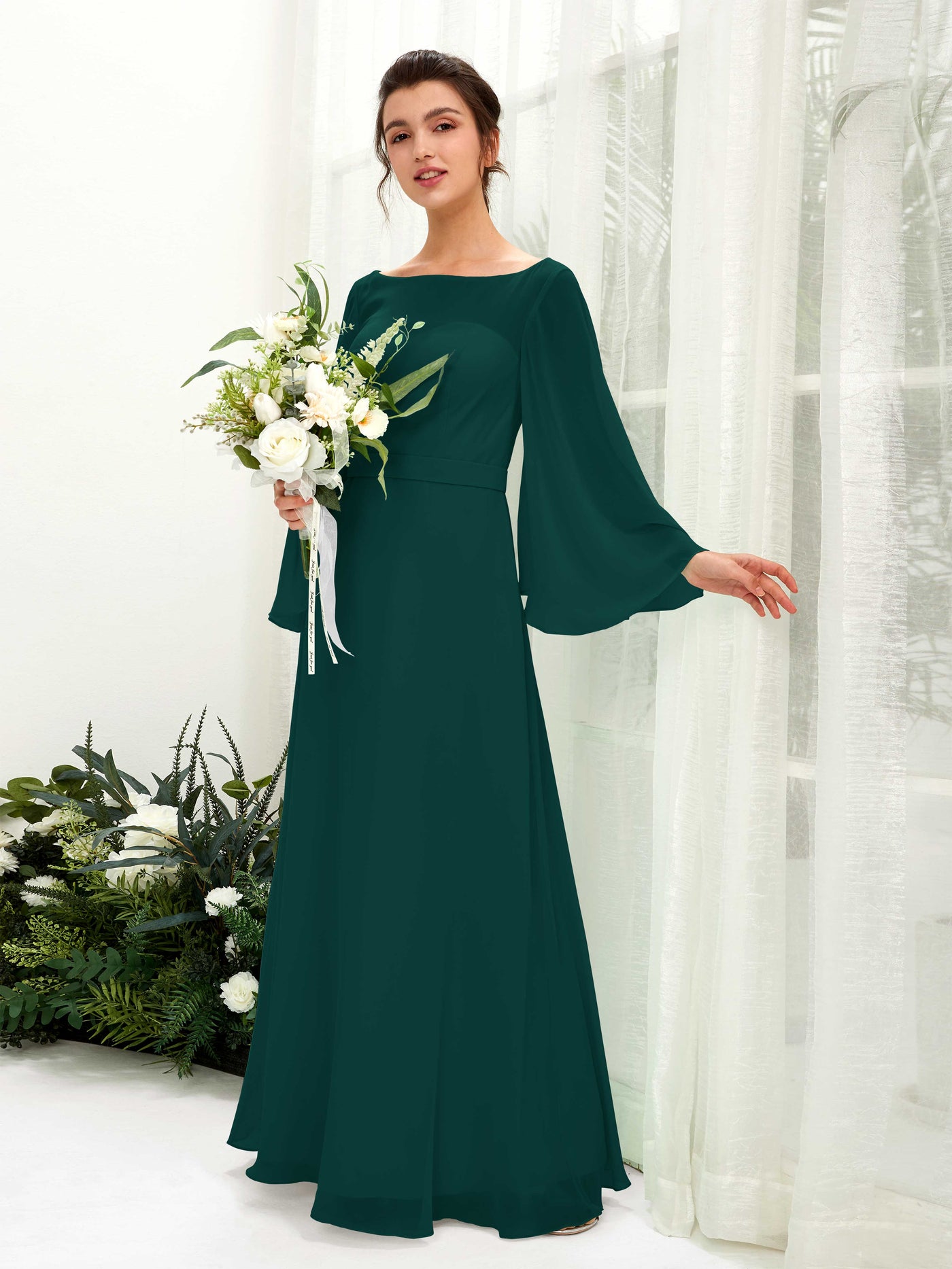 Bateau Illusion Long Sleeves Chiffon Bridesmaid Dress - Dark Emerald (81220517)#color_dark-emerald