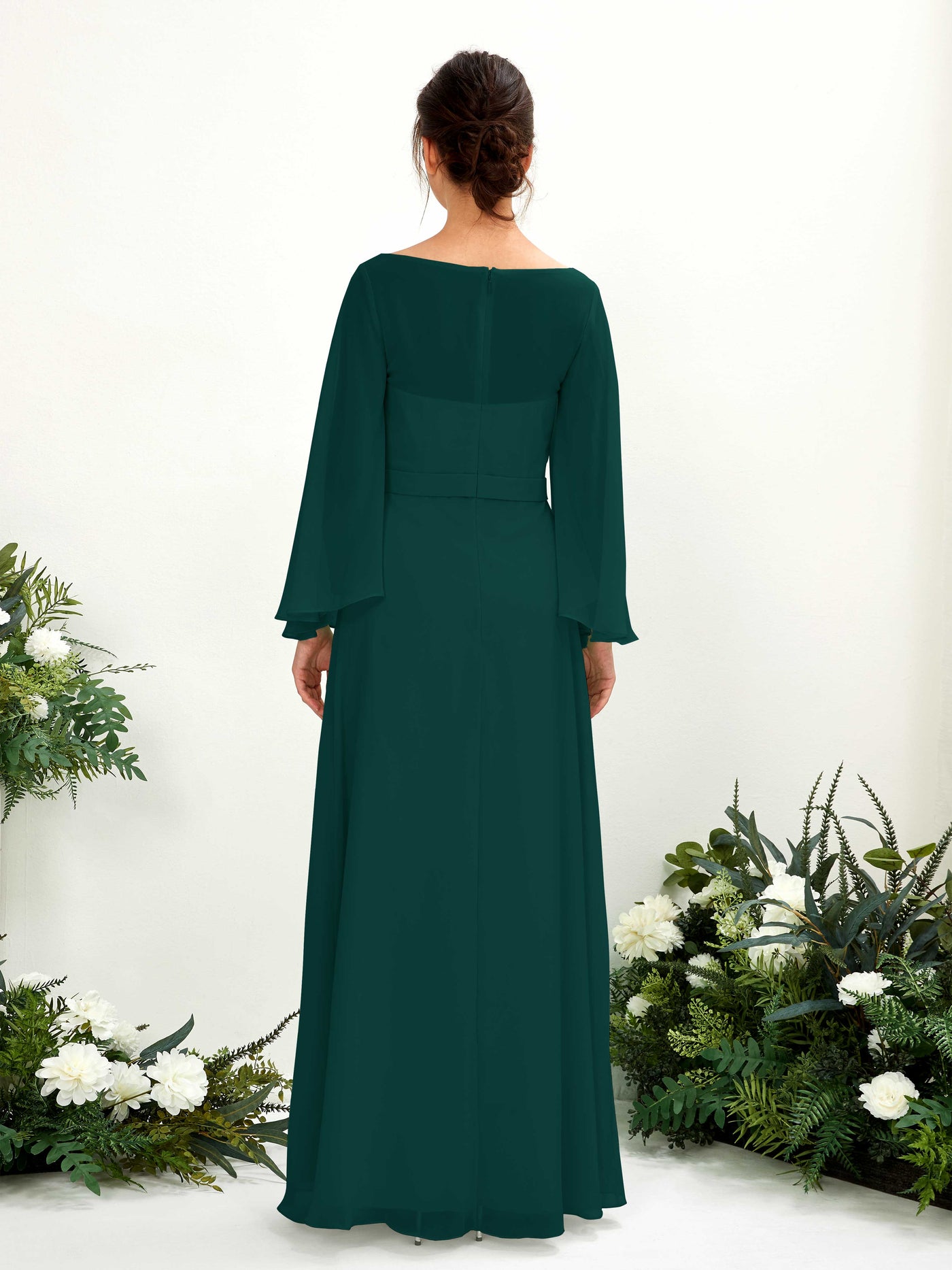 Bateau Illusion Long Sleeves Chiffon Bridesmaid Dress - Dark Emerald (81220517)#color_dark-emerald