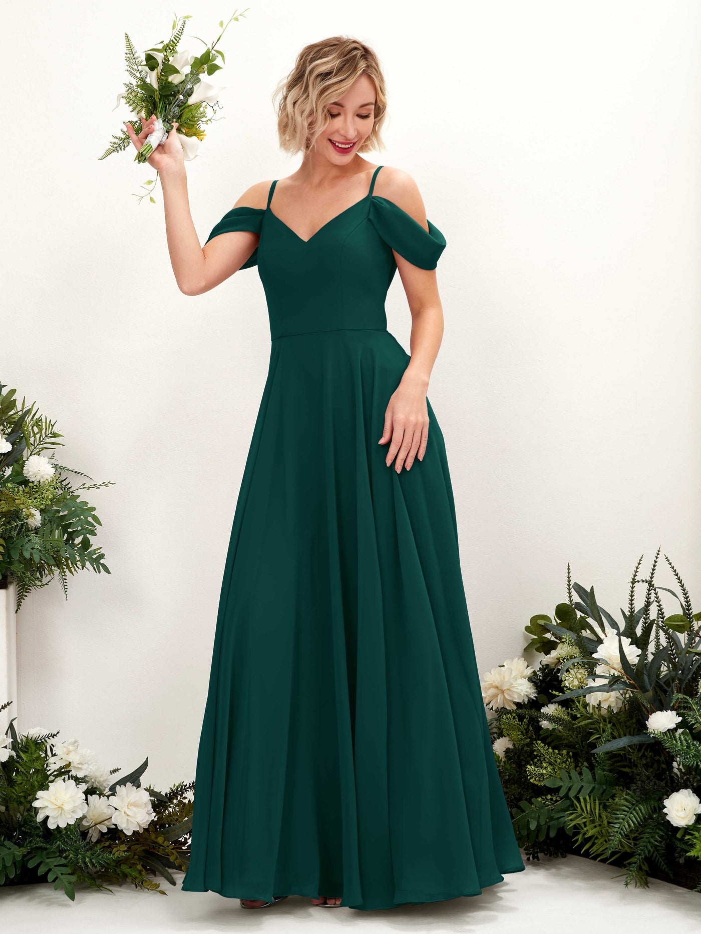 Off Shoulder Straps V-neck Sleeveless Chiffon Bridesmaid Dress - Dark Emerald (81224917)#color_dark-emerald