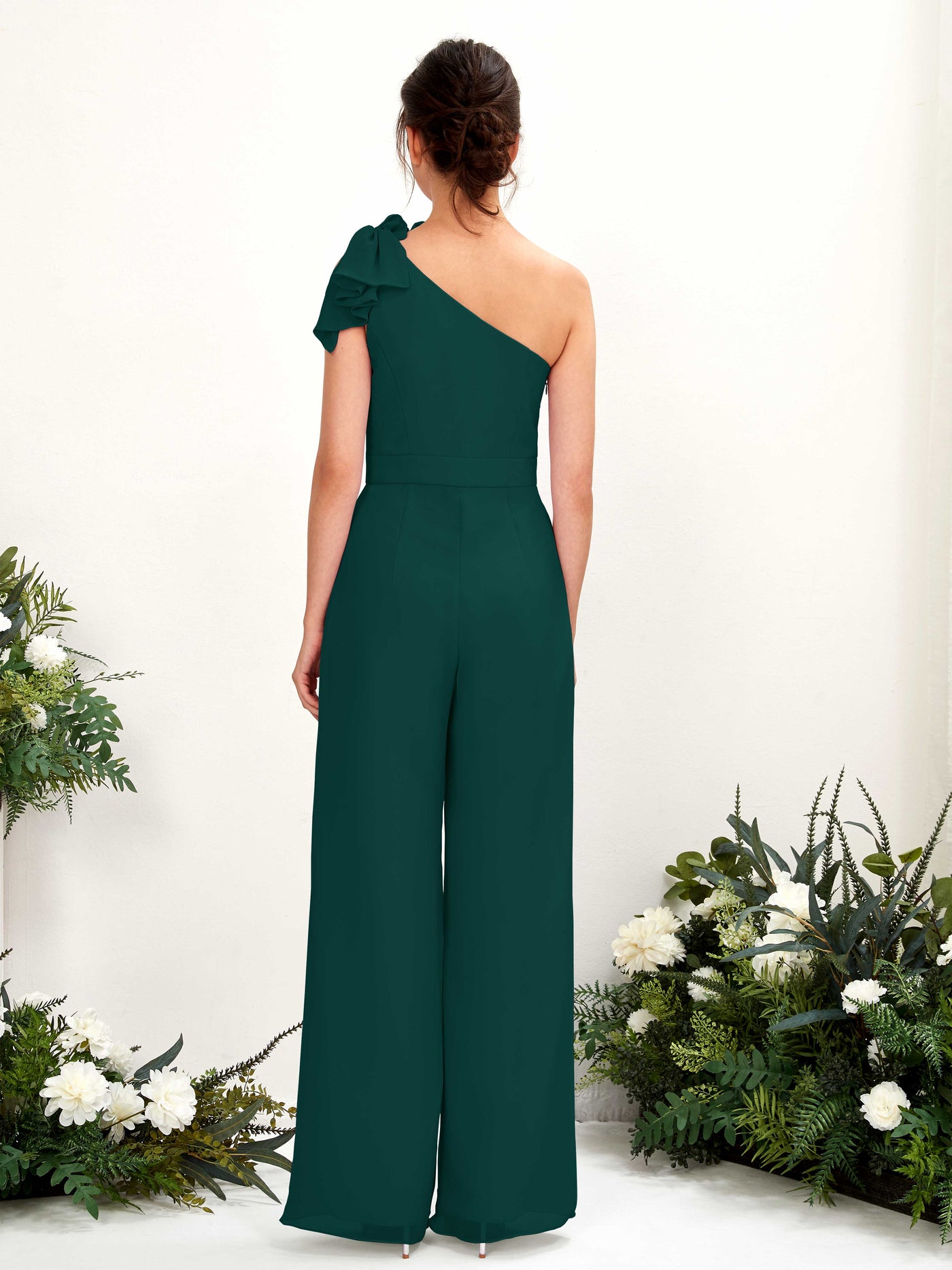 One Shoulder Sleeveless Chiffon Bridesmaid Wide-Leg Jumpsuit - Dark Emerald (81220817)#color_dark-emerald