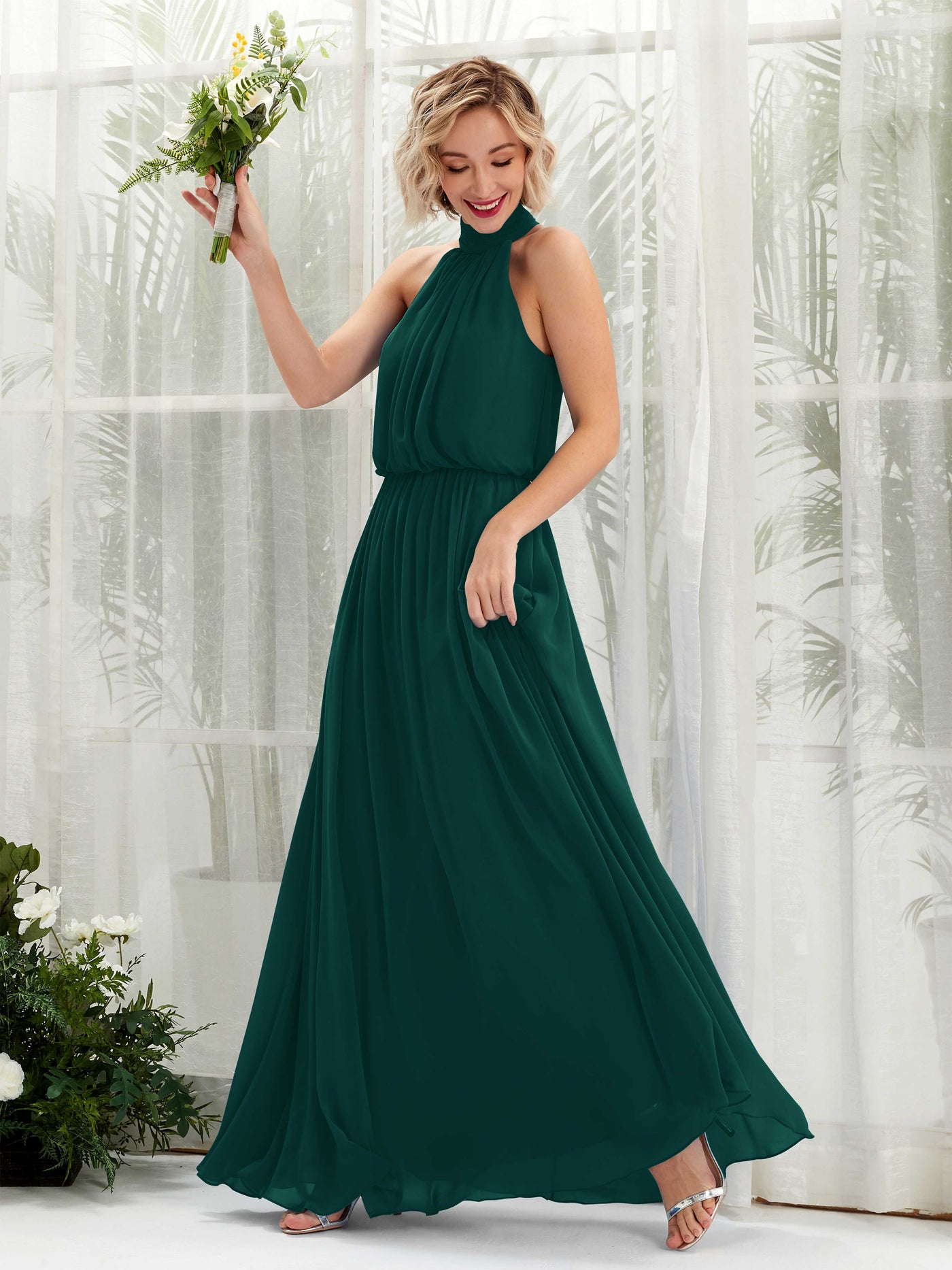 Halter Sleeveless Chiffon Bridesmaid Dress - Dark Emerald (81222917)#color_dark-emerald