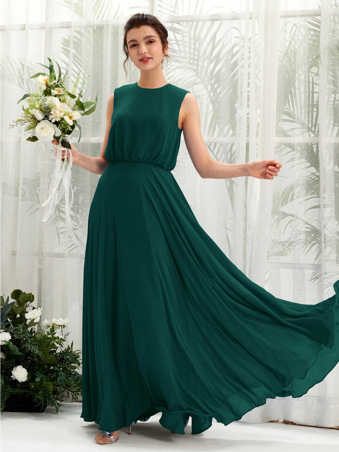 Round Sleeveless Chiffon Bridesmaid Dress - Dark Emerald (81222817)#color_dark-emerald