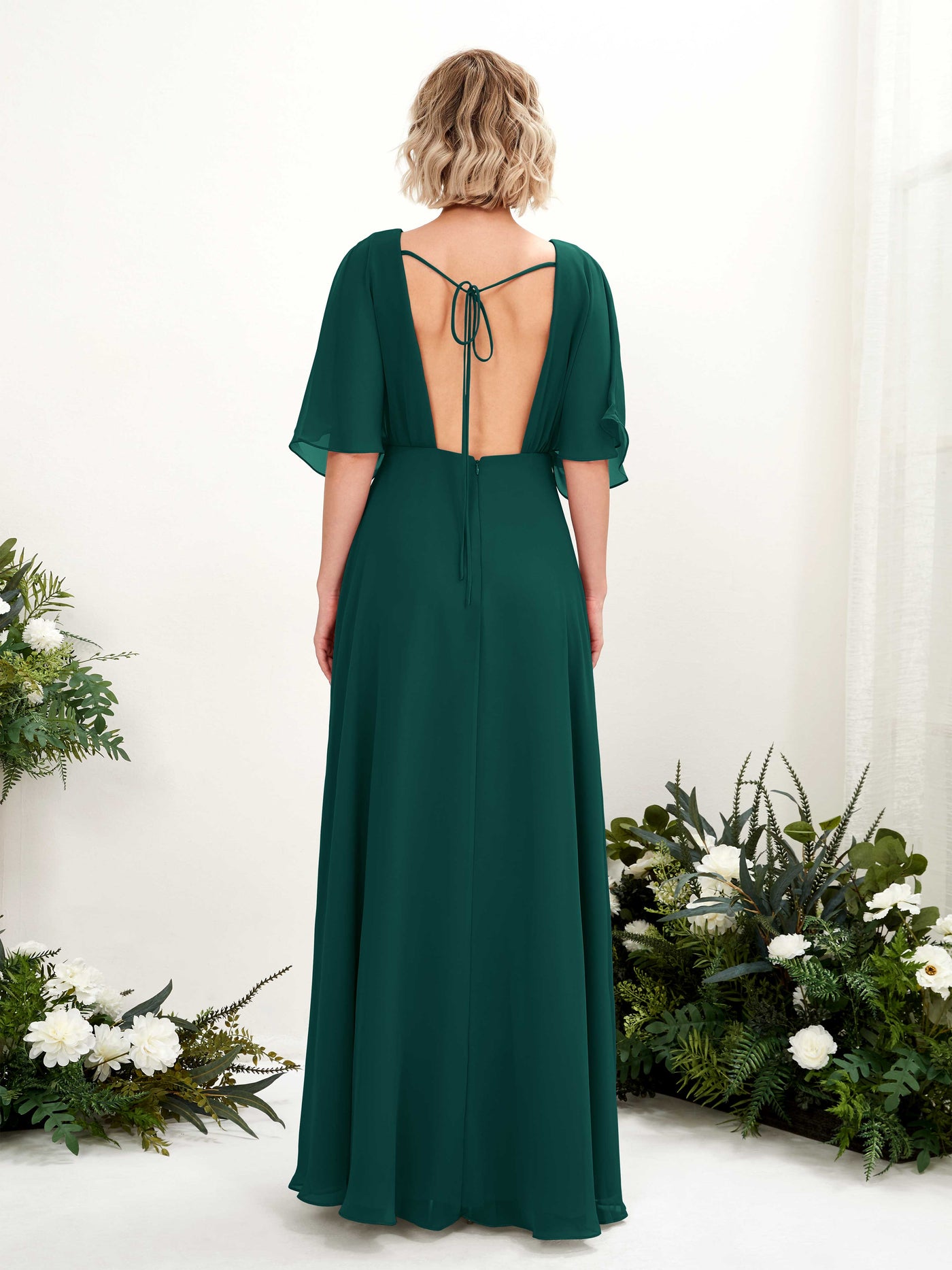 V-neck 1/2 Sleeves Chiffon Bridesmaid Dress - Dark Emerald (81225117)#color_dark-emerald