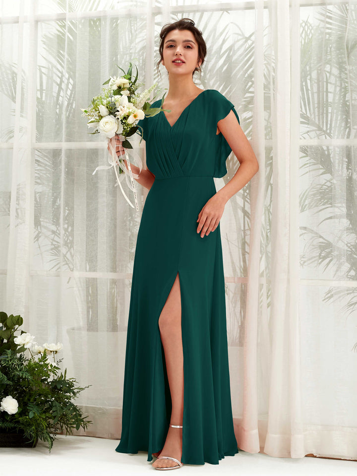 V-neck Cap Sleeves Bridesmaid Dress - Dark Emerald (81225617)