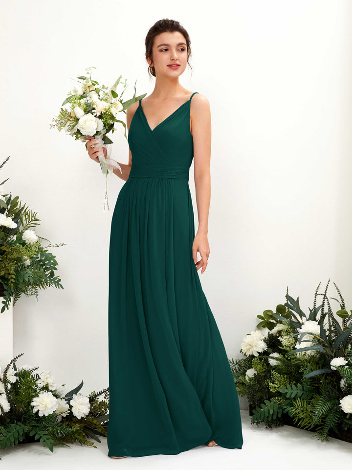 Spaghetti-straps V-neck Sleeveless Bridesmaid Dress - Dark Emerald (81223917)
