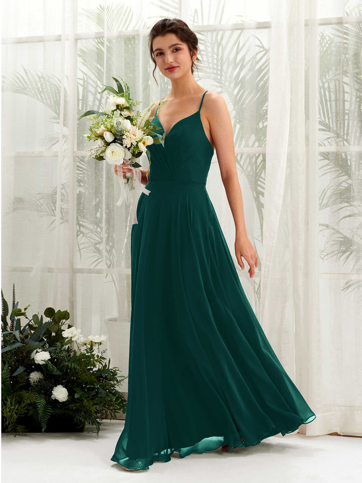 Spaghetti-straps V-neck Sleeveless Bridesmaid Dress - Dark Emerald (81224217)