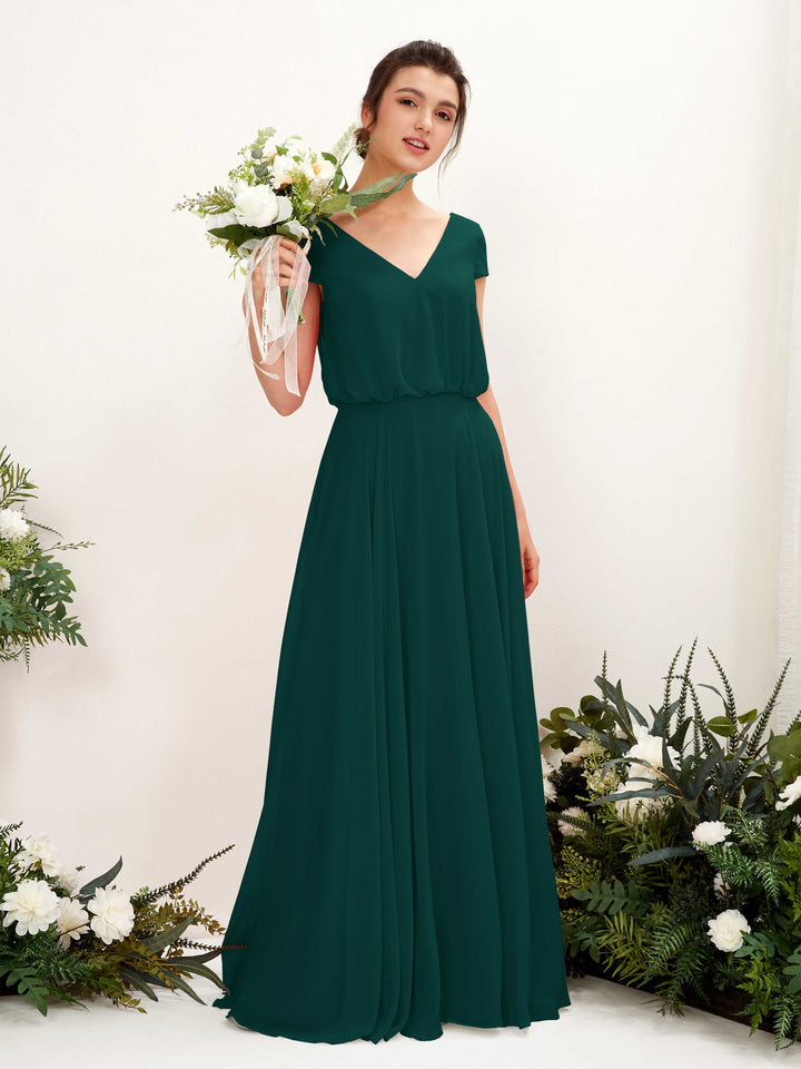 V-neck Cap Sleeves Chiffon Bridesmaid Dress - Dark Emerald (81221817)